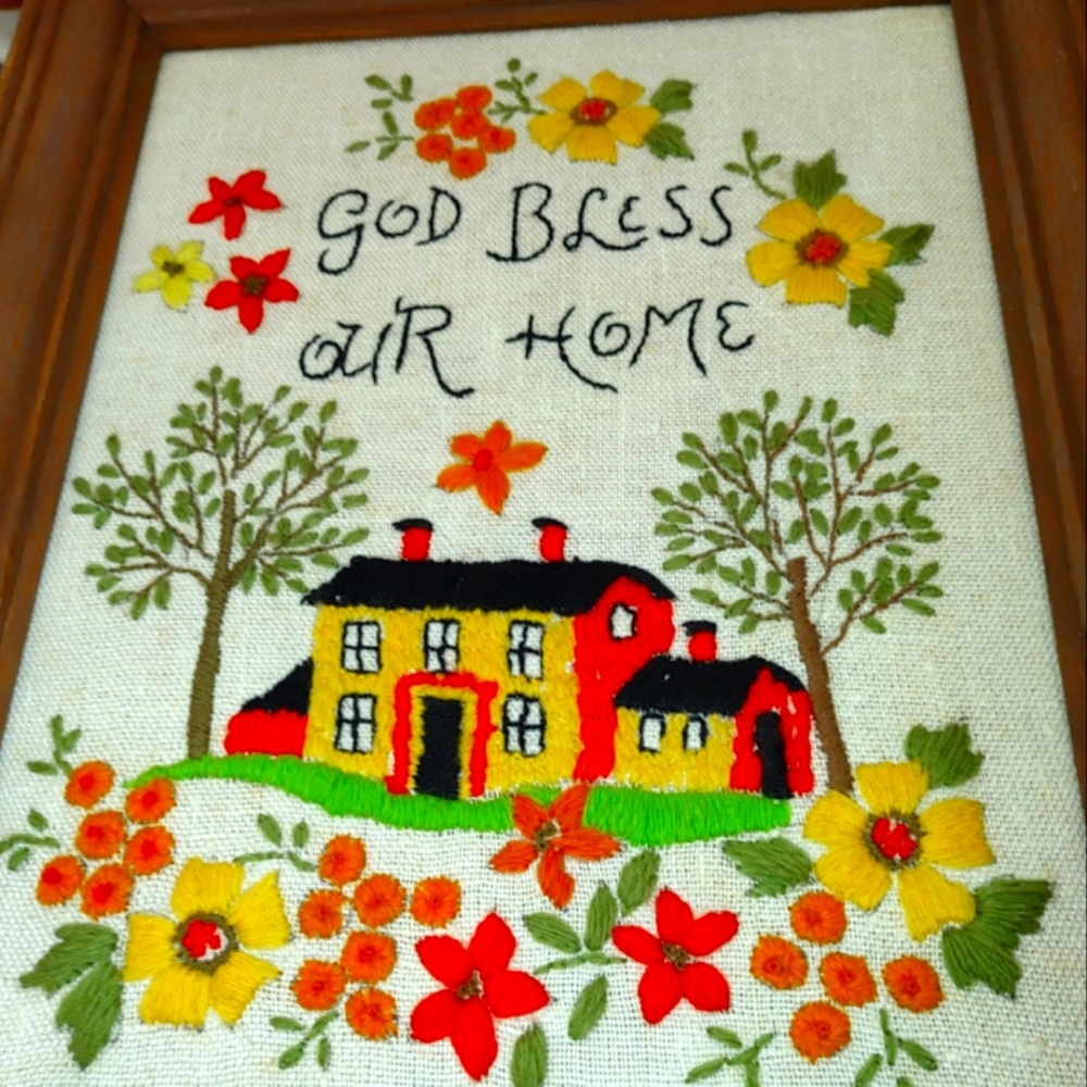 Vintage Cross Stitch Sampler "God Bless Our Home " Framed -- artist 1940s.
